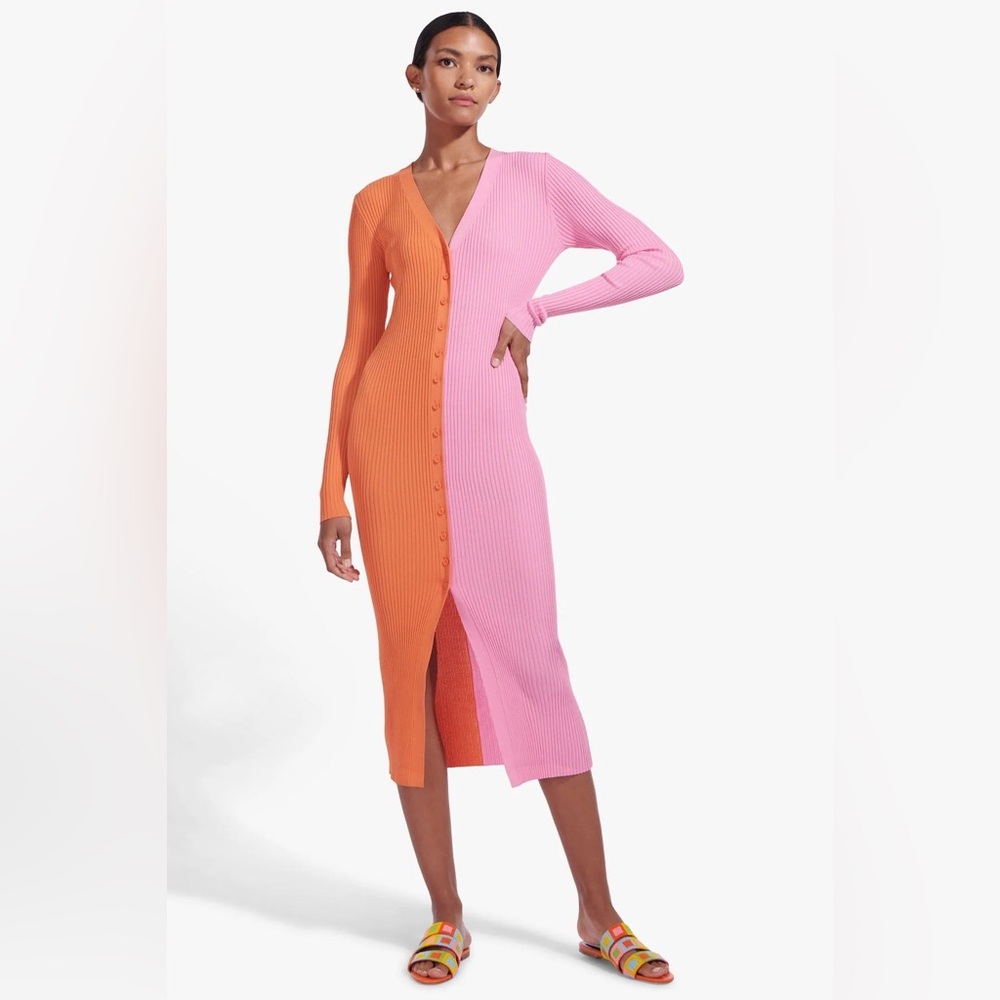 STAUD Shoko Colorblock Sweater Dress in Orange/Pink